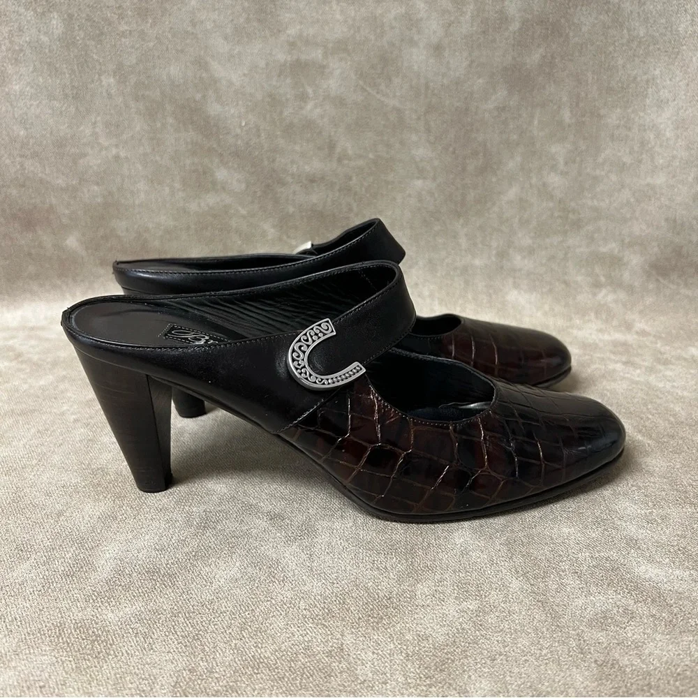 Brighton BEAU Bronze Patent Leather Croc Shoes Mules Heels Sz 4
